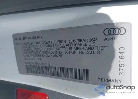 2022 Audi A5 Sportback Premium 45 Tfsi S Line Quattro S Tronic из США, поврежденный, VIN WAUDACF56NA010212